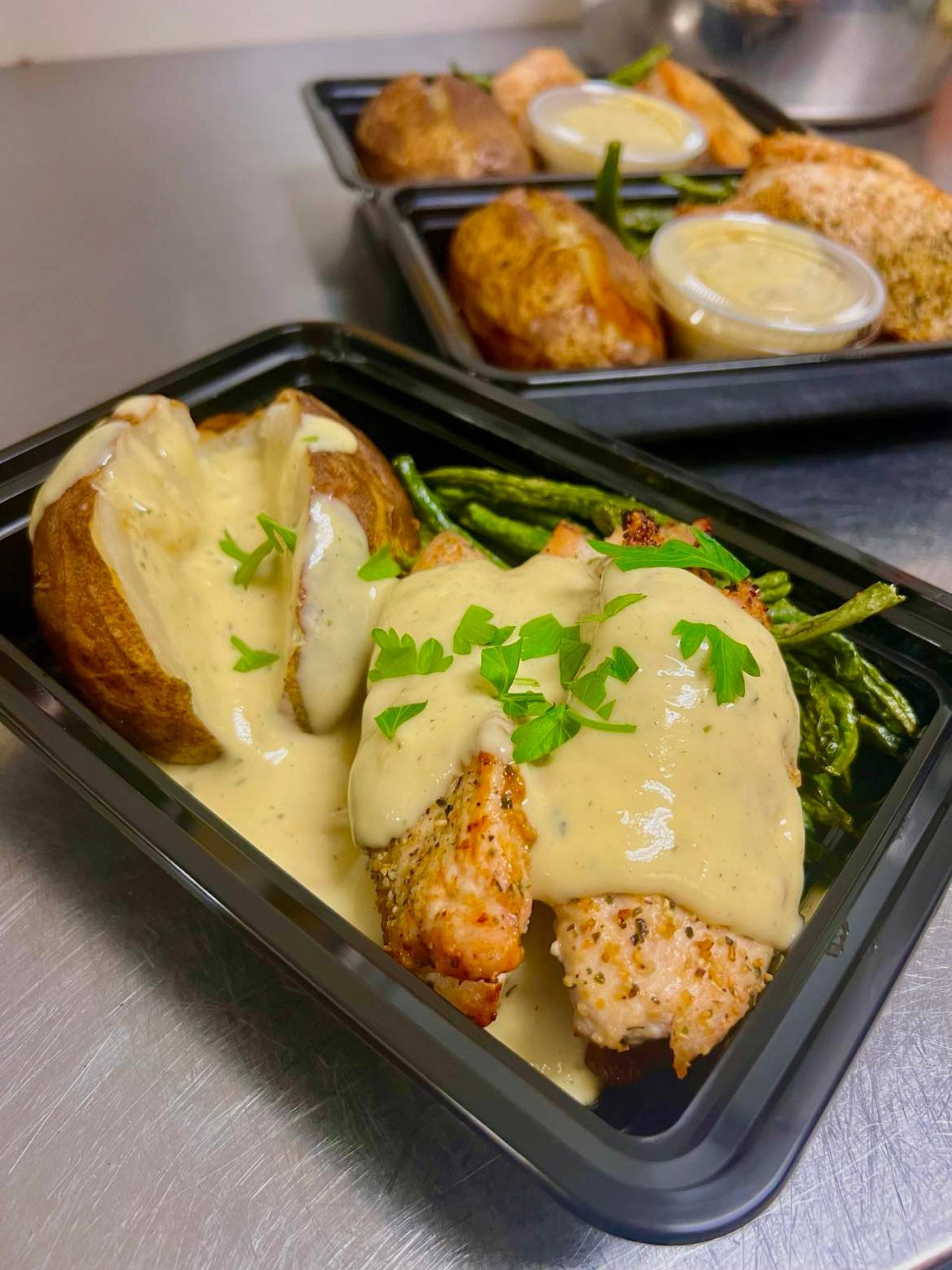 Creamy Ranch Chicken with Green Beans and Baked Potato
