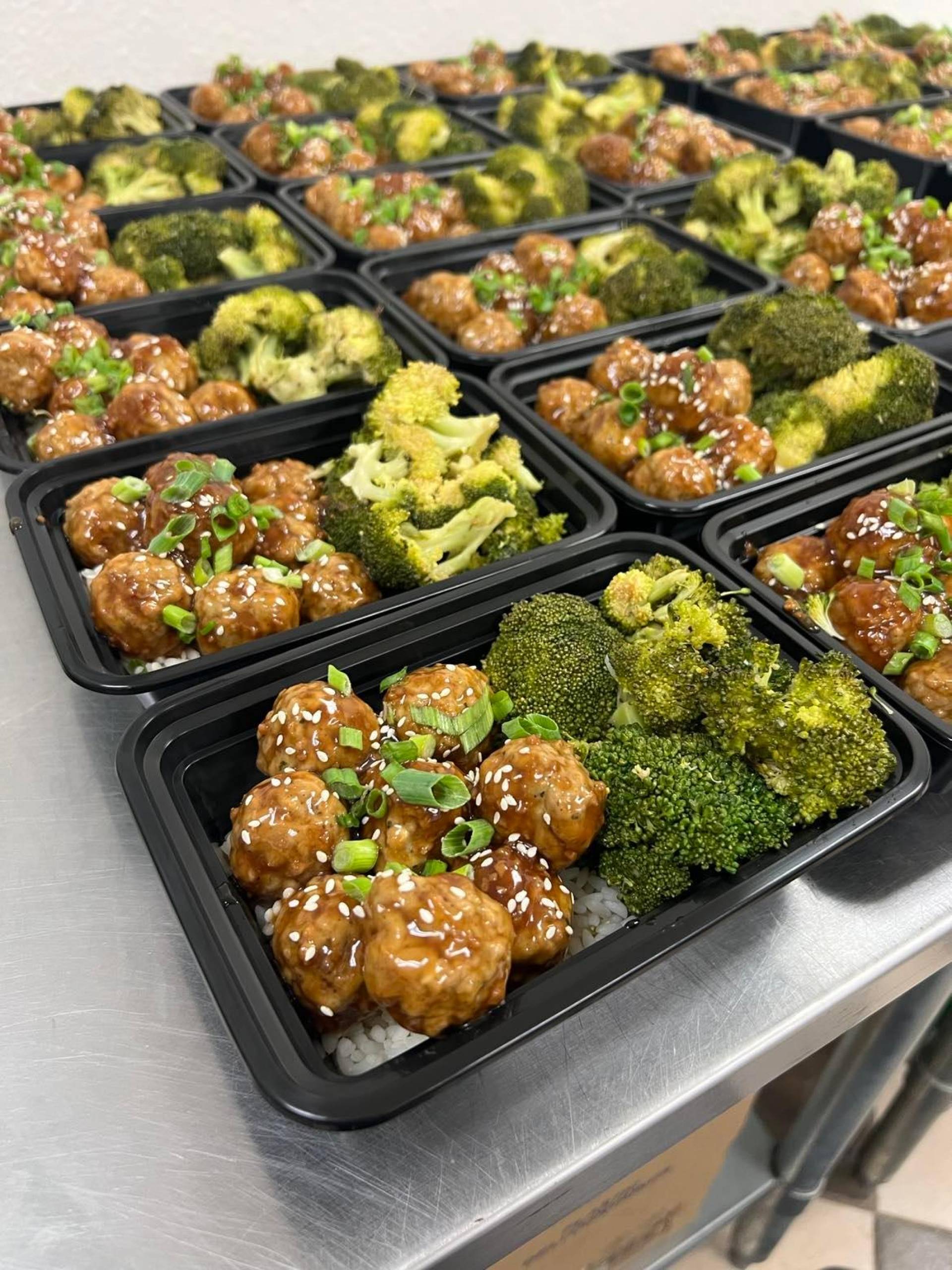 Mongolian Beef Meatballs with broccoli and white rice
