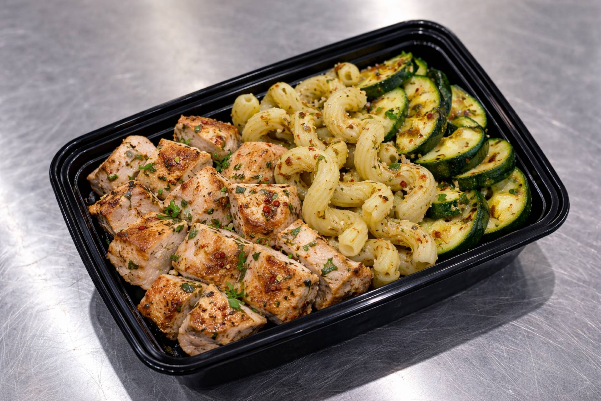 Lemon Herb Chicken Breast with zucchini and Italian pasta
