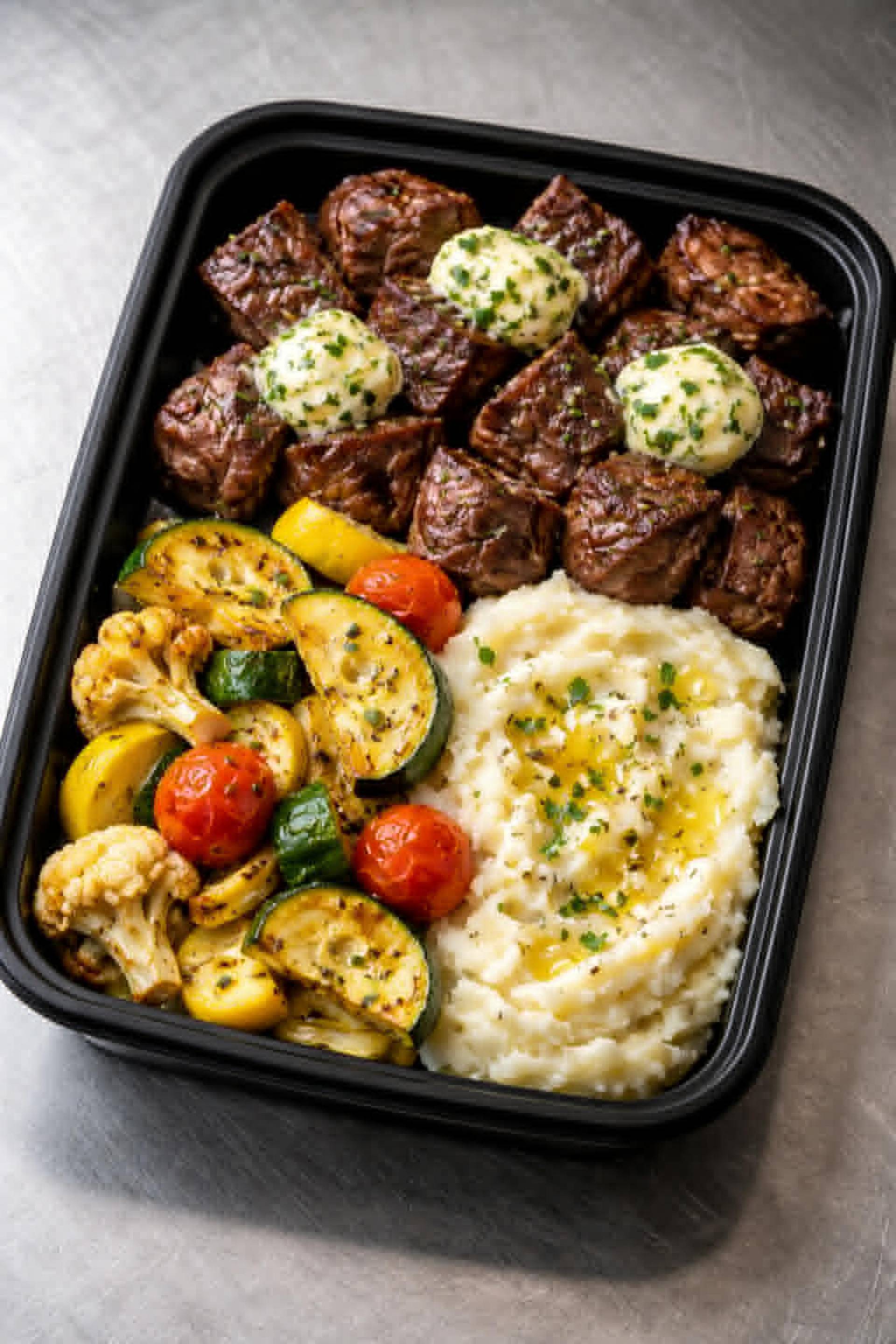 Garlic Butter Steak Bites with Roasted veggies and Mashed Potatoes