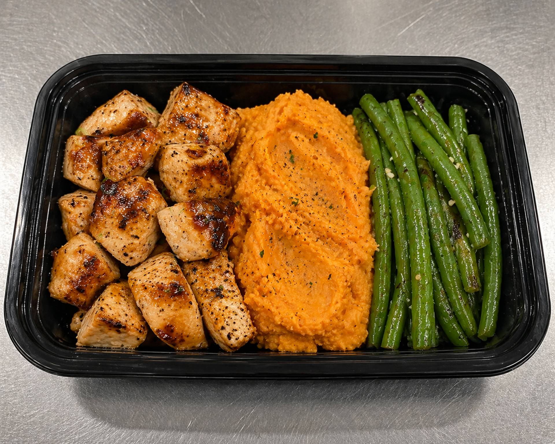 Maple Dijon Chicken Breast Chunks with Mashed Sweet Potatoes and Green Beans