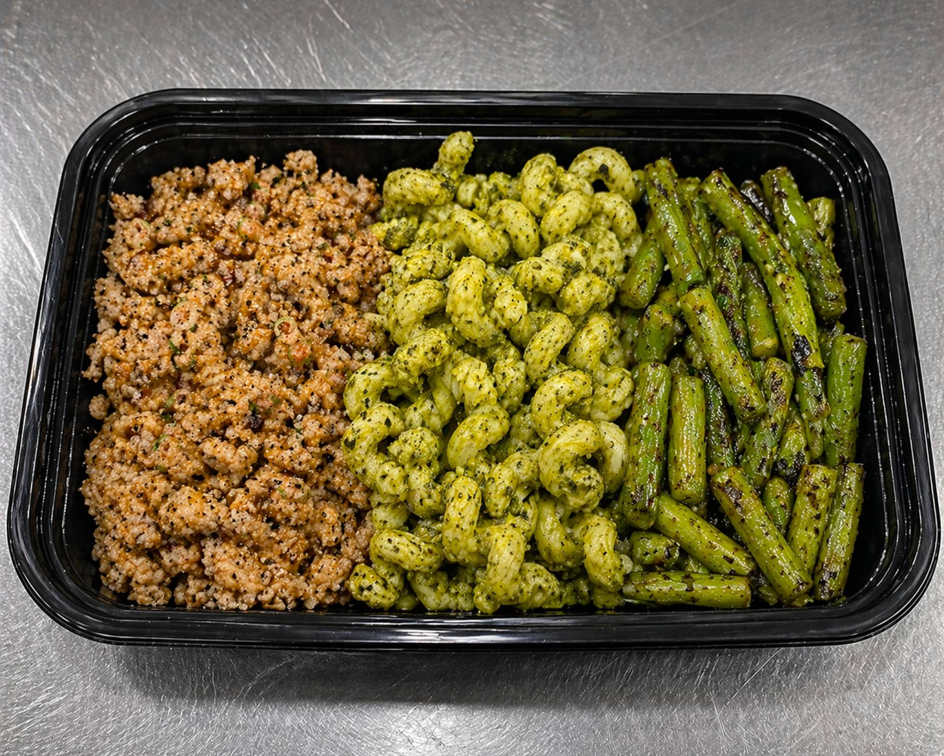 Italian Seasoned Ground Turkey with Pesto Pasta and Garlic Roasted Asparagus