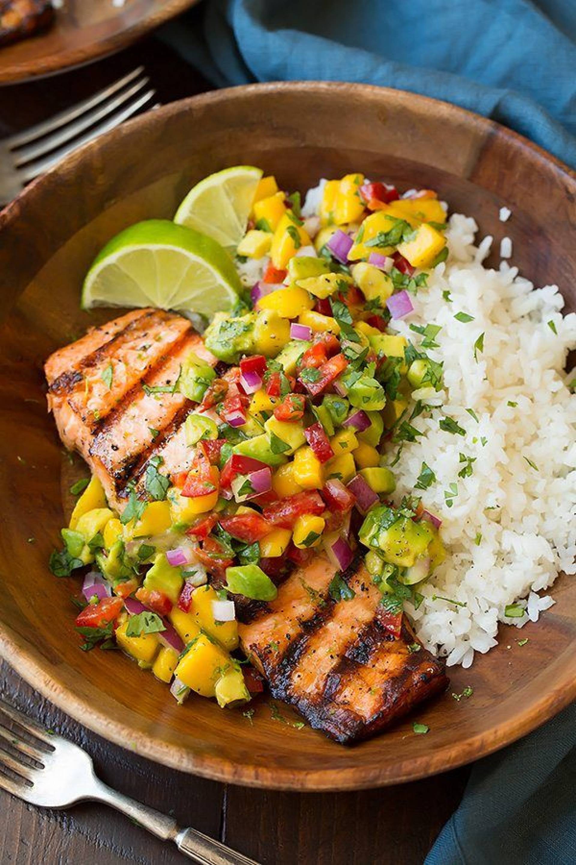 Mango Chili Glazed Salmon with White Rice and Mango Avocado Salsa