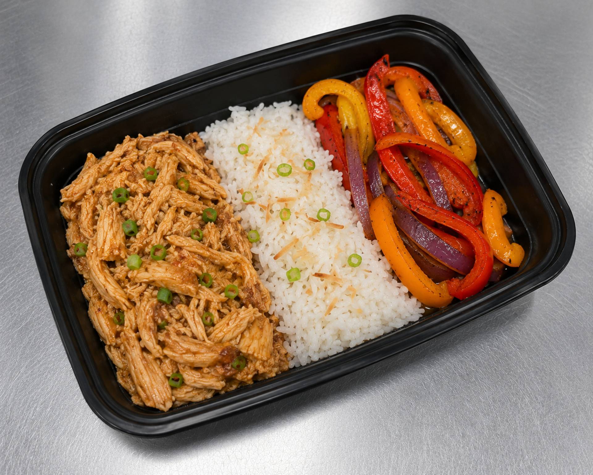 Hawaiian Shredded Chicken with Coconut Rice and Roasted Pepper Medley