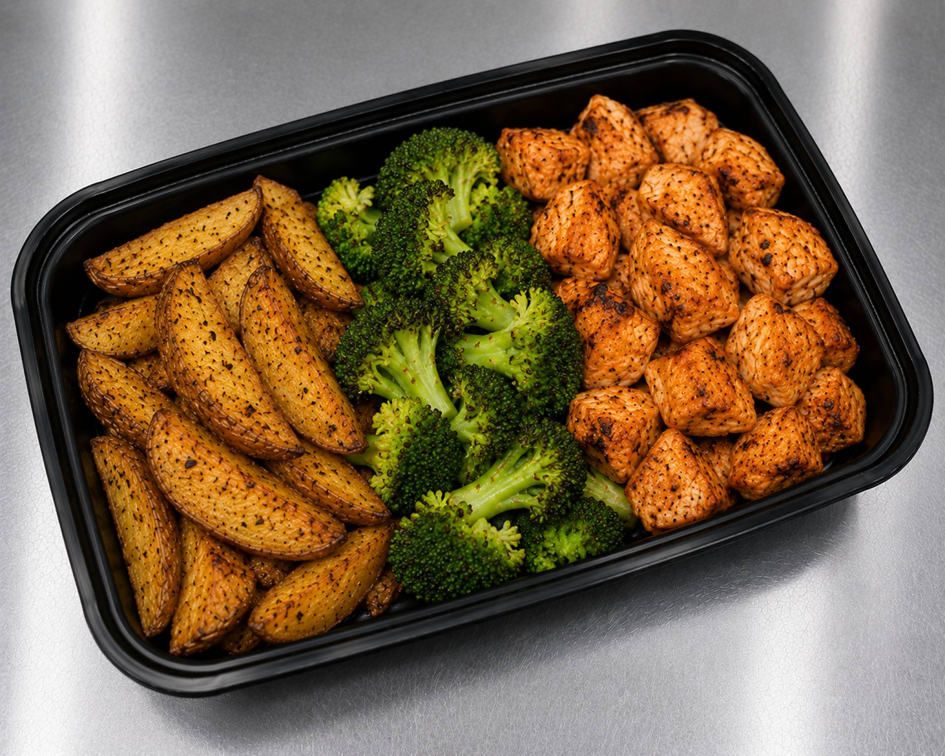 Buffalo Ranch Grilled Chicken Breast Chunks with Roasted Potato Wedges and Broccoli