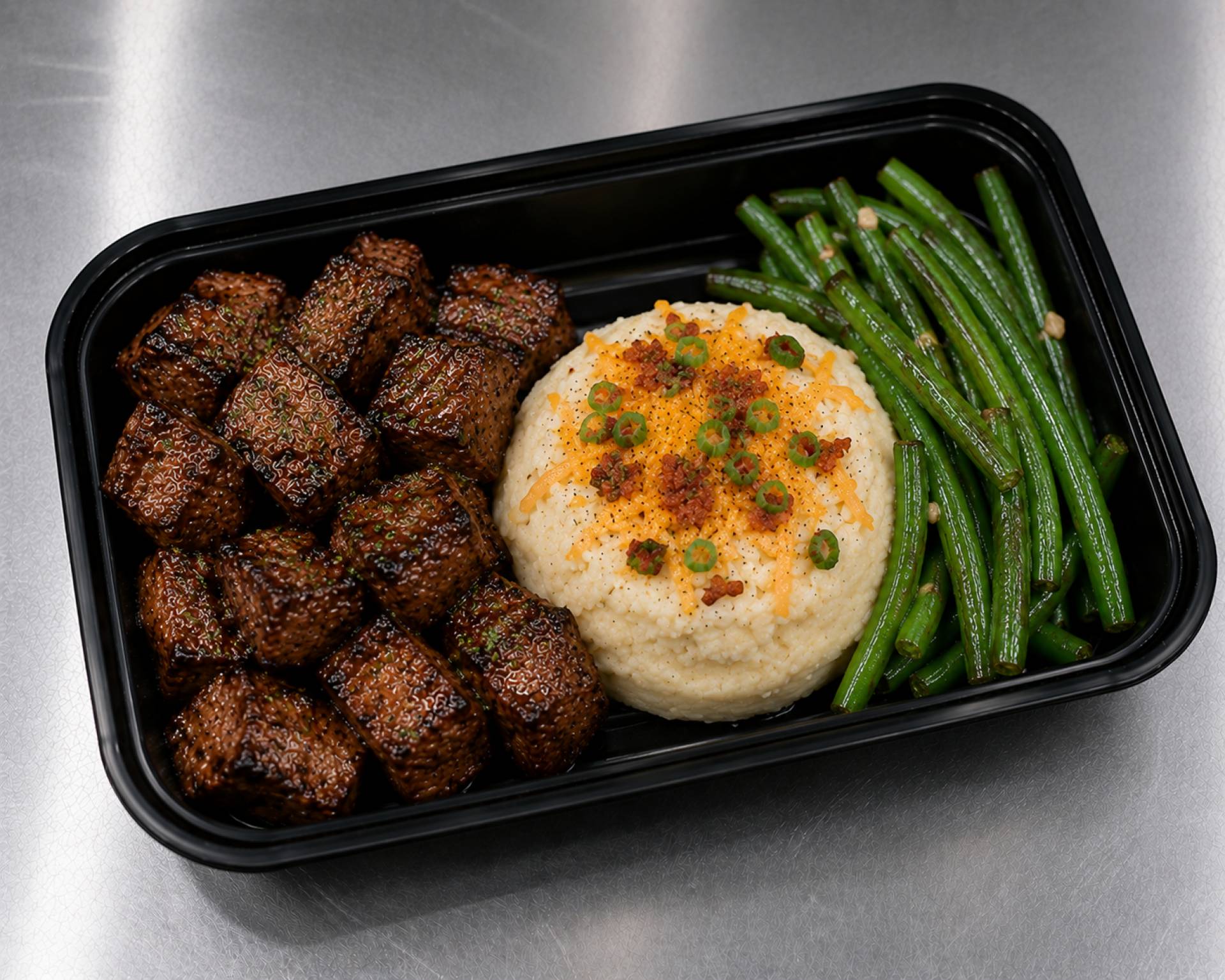 Brown Sugar Bourbon Steak Bites with Loaded Mashed Potatoes and Green Beans