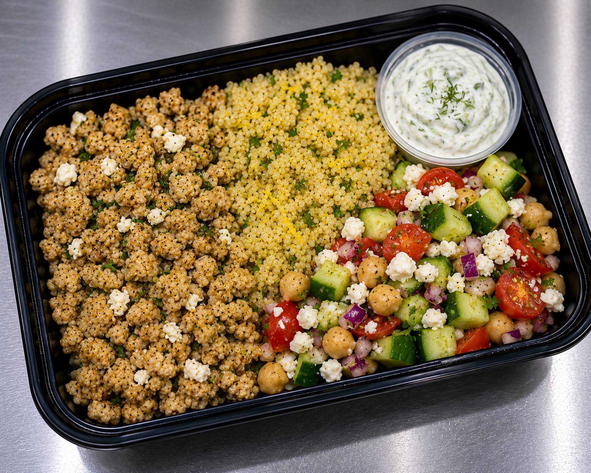 Greek Ground Chicken Bowl w/ Lemon Quinoa and Tzatziki Sauce