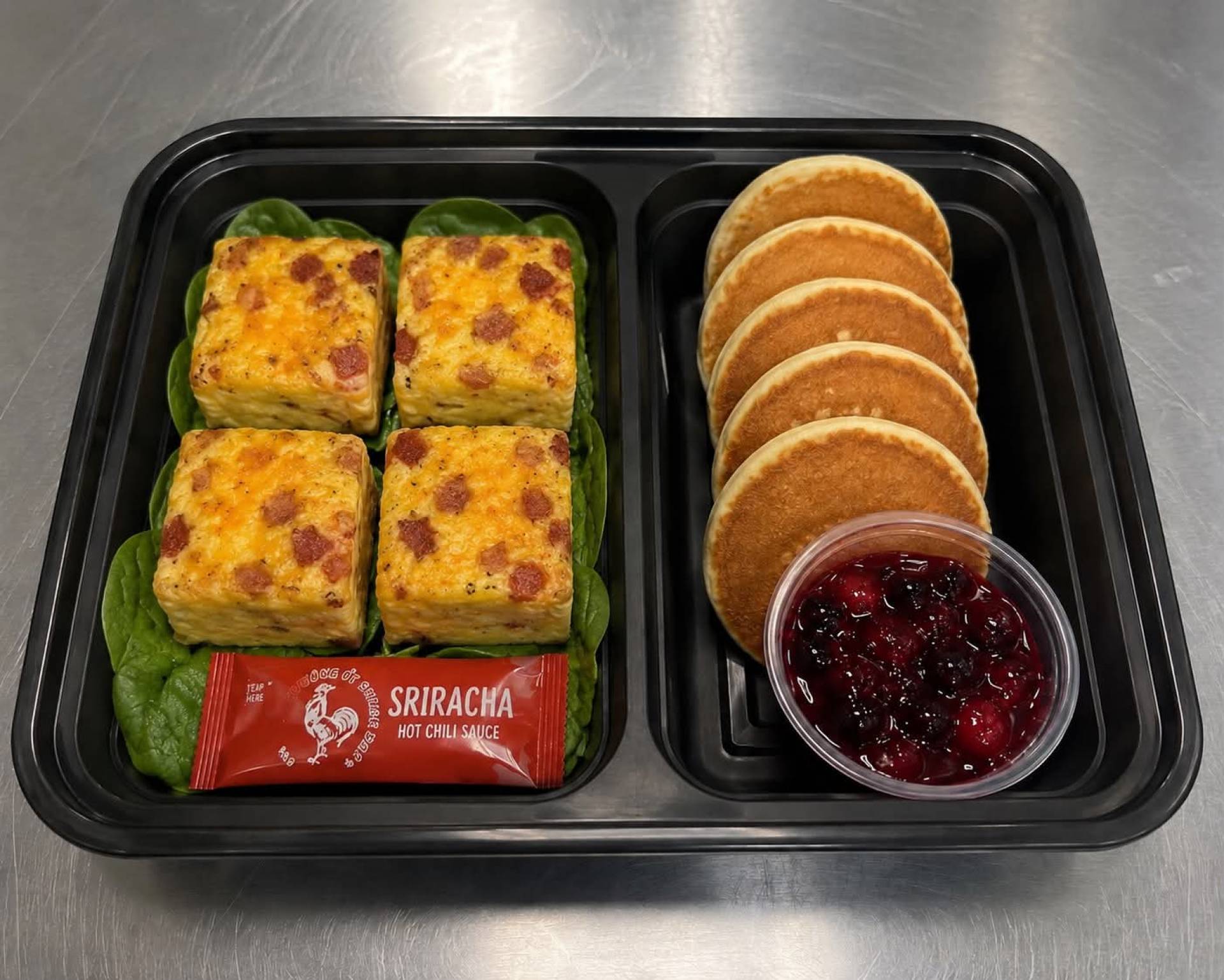 Bacon Cheddar Egg Bites and Mini Pancakes with Berry Syrup