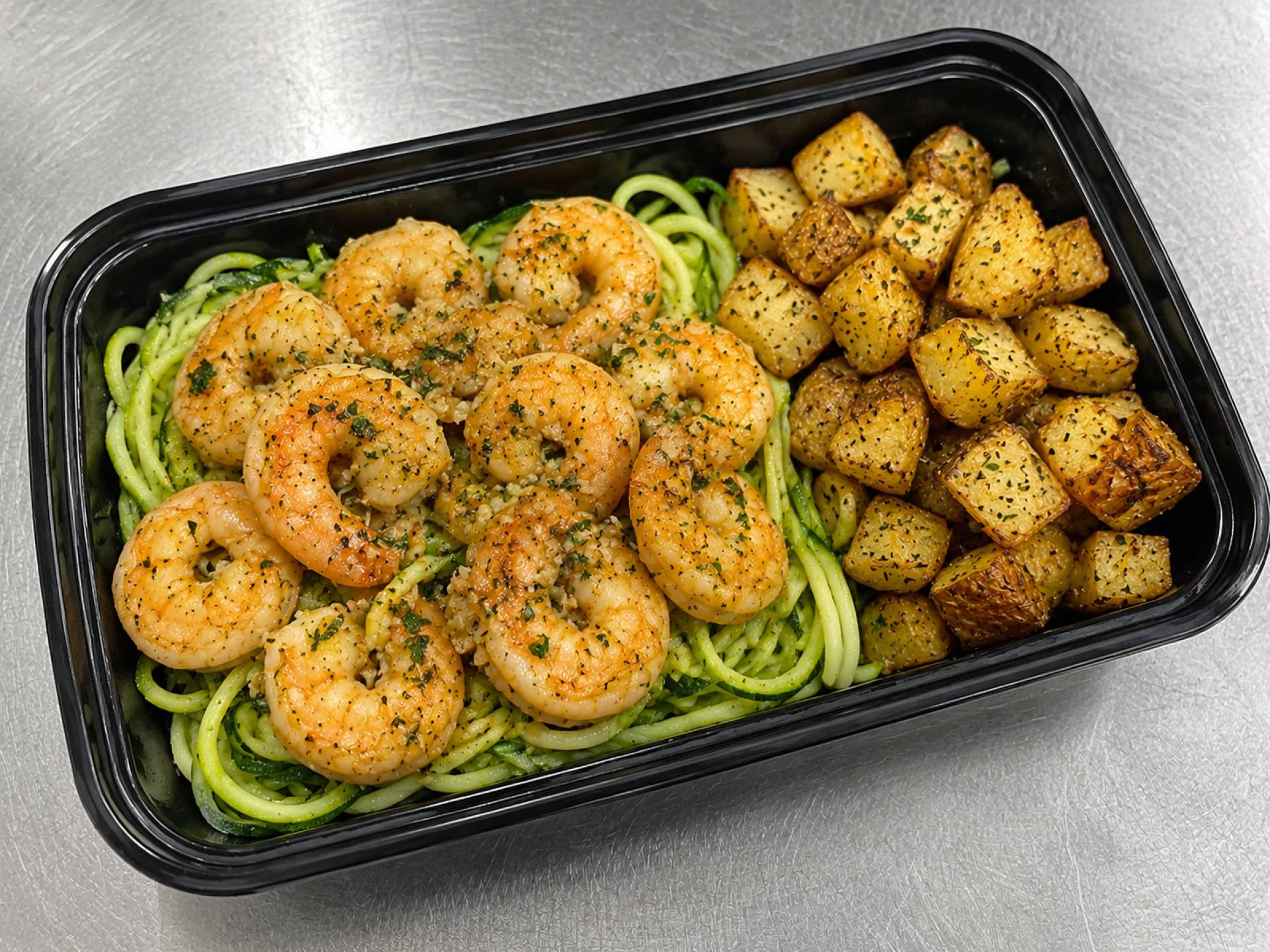 Lemon Garlic Shrimp with Zoodles and Parmesan Roasted Potatoes