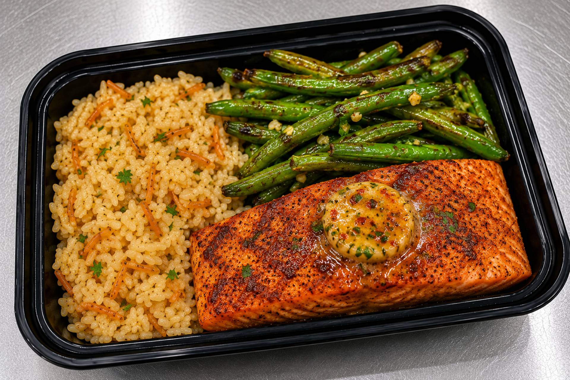 Cajun Honey Butter Salmon with Rice Pilaf and Garlic Roasted Green Beans