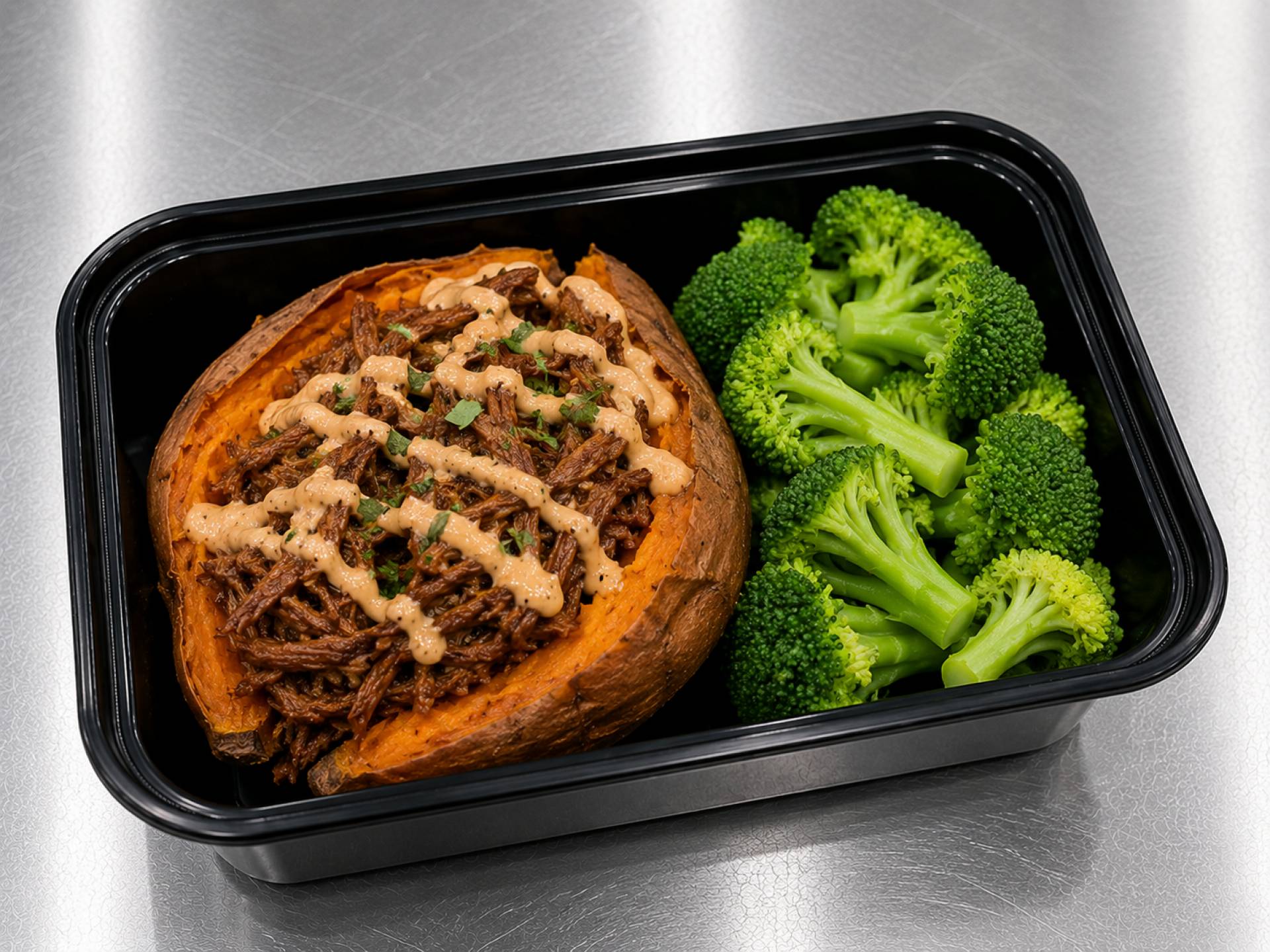 Shredded Chipotle Beef Stuffed Sweet Potato w/ Chipotle Crema and Broccoli