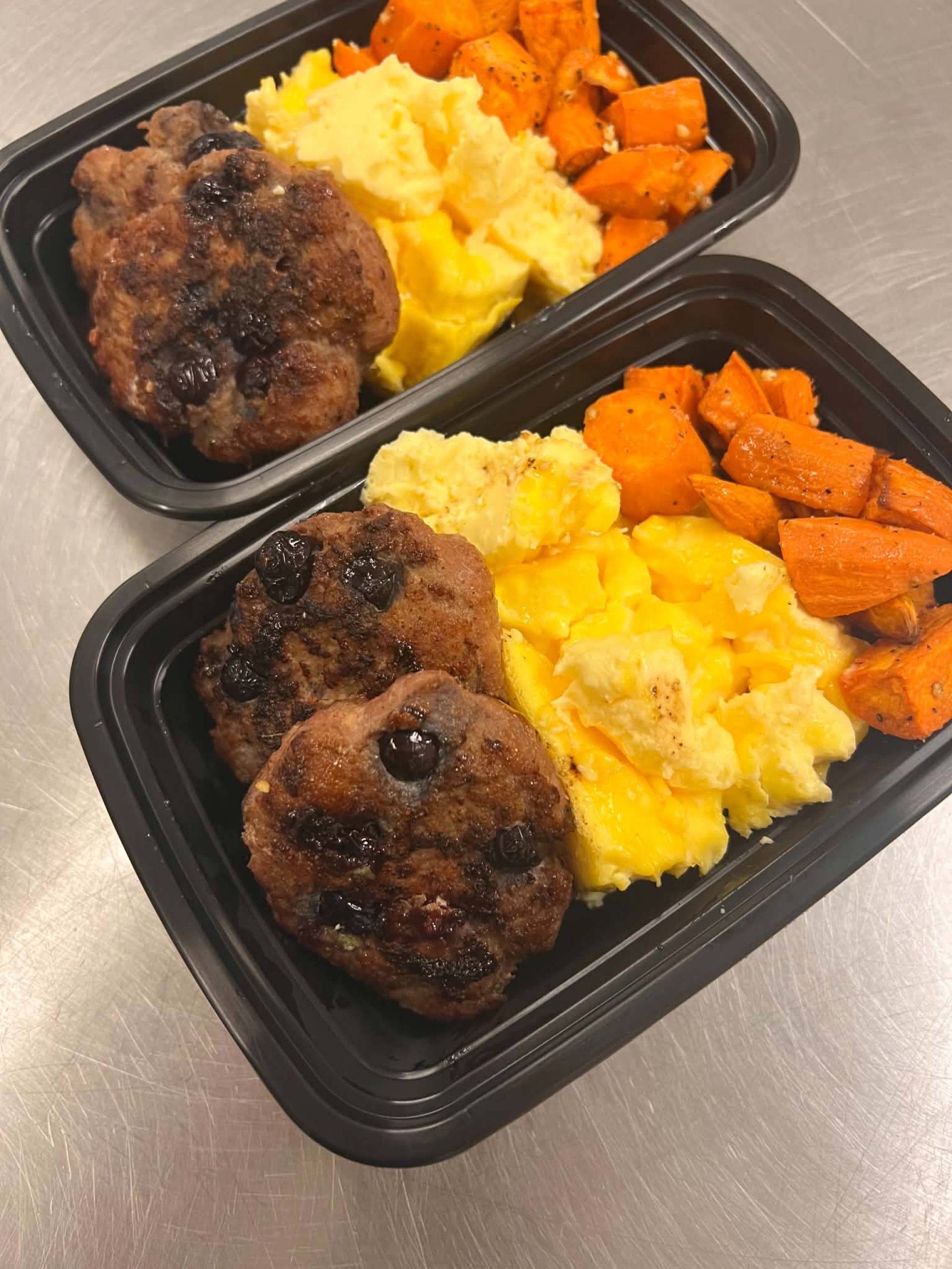 Maple Blueberry Turkey Breakfast Sausage Patties w/ Scrambled eggs and Roasted Sweet Potatoes