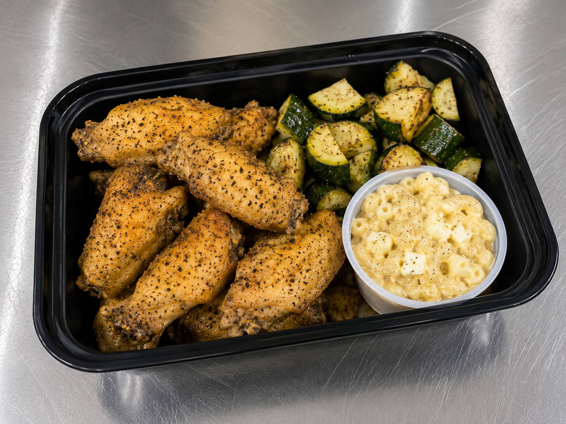 Lemon Pepper Chicken Wings with Macaroni Egg Salad and Roasted Zucchini