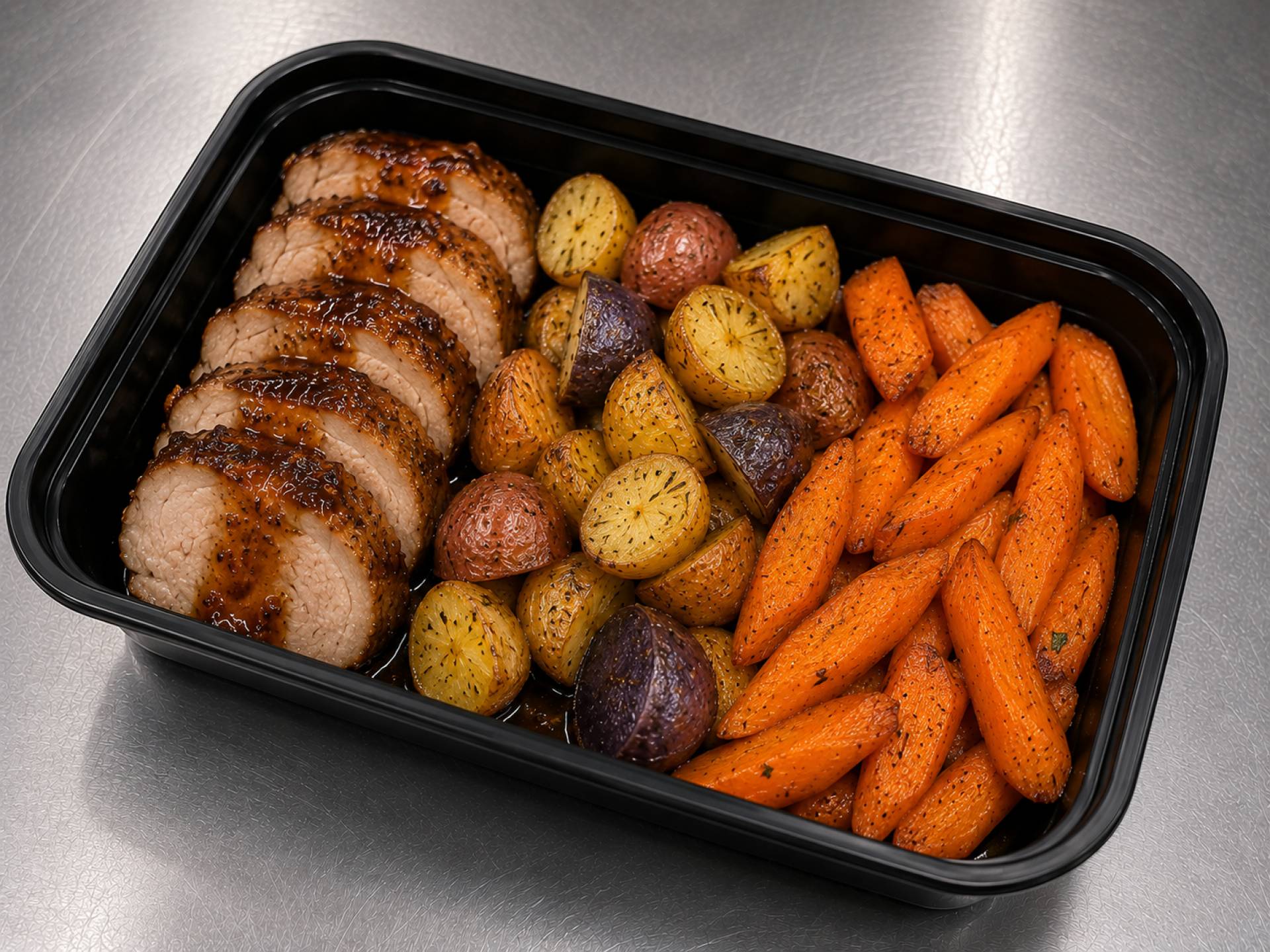 Maple Balsamic Pork Tenderloin with Roasted Tri-color Potatoes and Carrots
