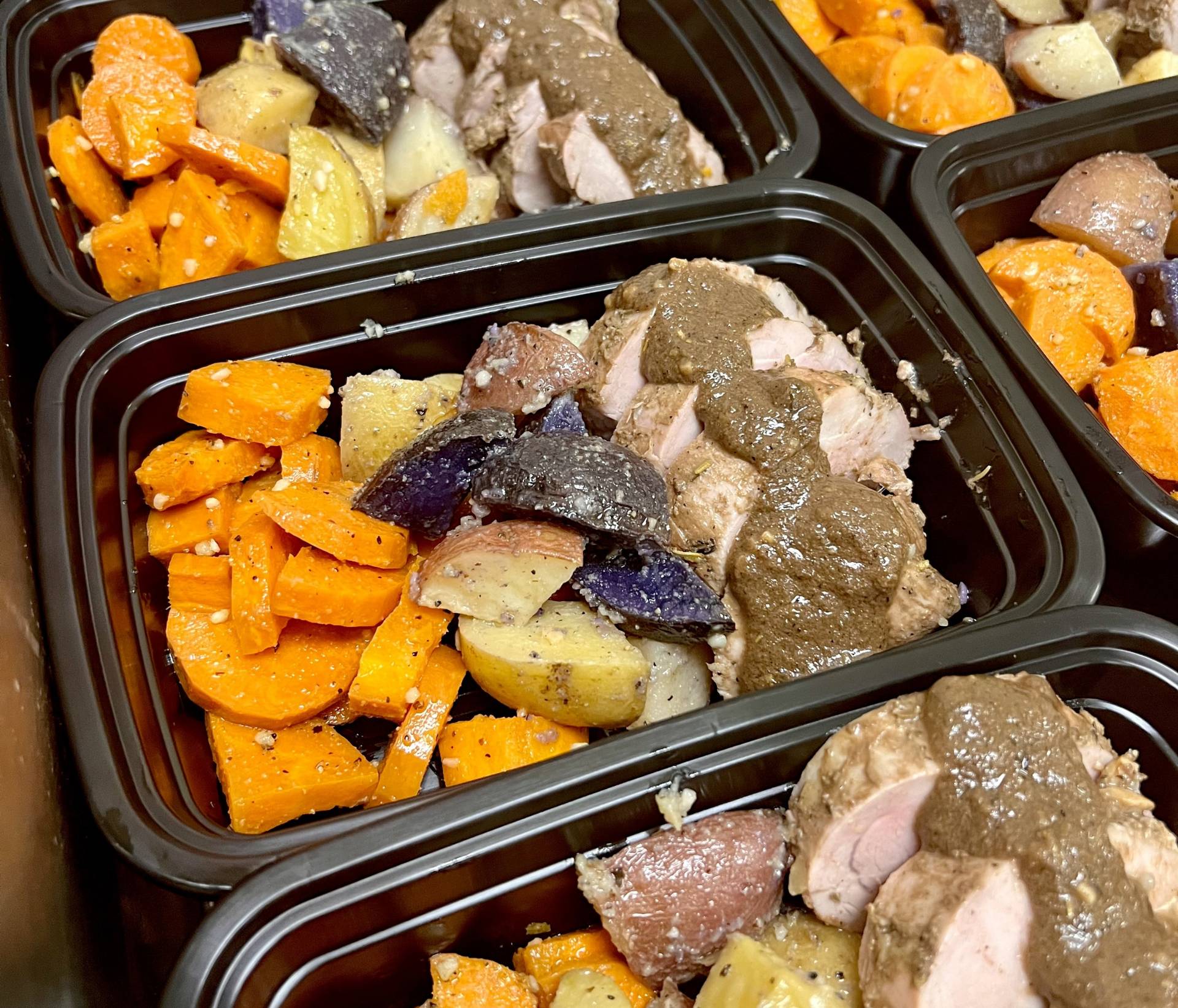 Maple Balsamic Pork Tenderloin with Roasted Tri-color Potatoes and Carrots