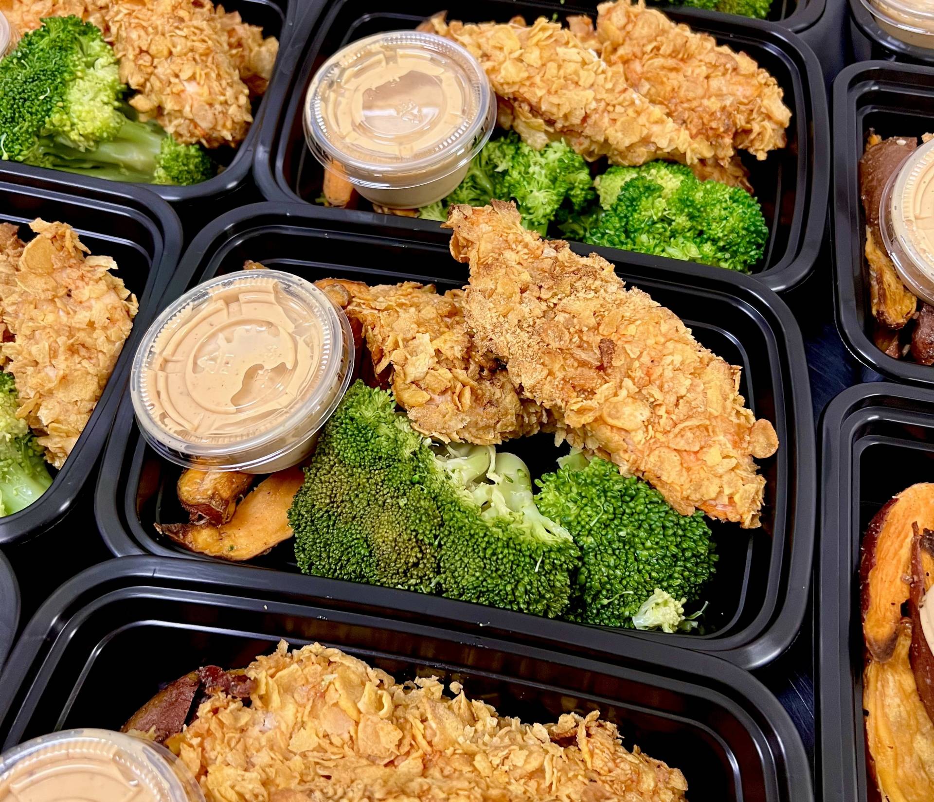 Cornflake Crusted Chicken Tenders with Roasted Sweet Potato Wedges, Broccoli and Honey Mustard Sauce
