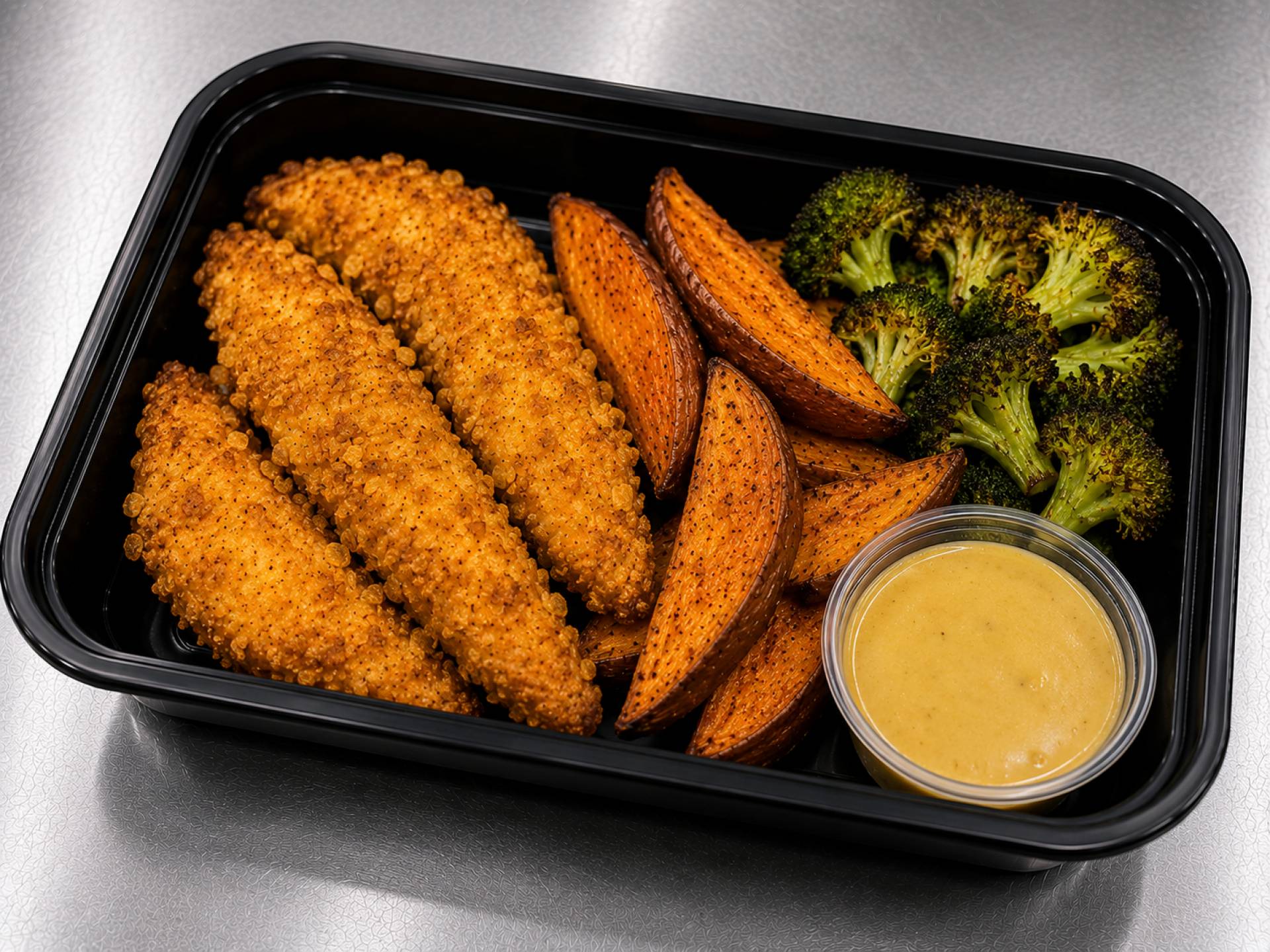 Cornflake Crusted Chicken Tenders with Roasted Sweet Potato Wedges, Broccoli and Honey Mustard Sauce